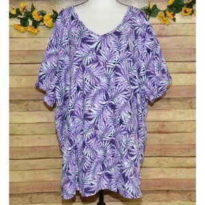 Catherines Easy Fit Tees Tunic Top Size 4X Short Sleeve V-Neck Purple Leaves